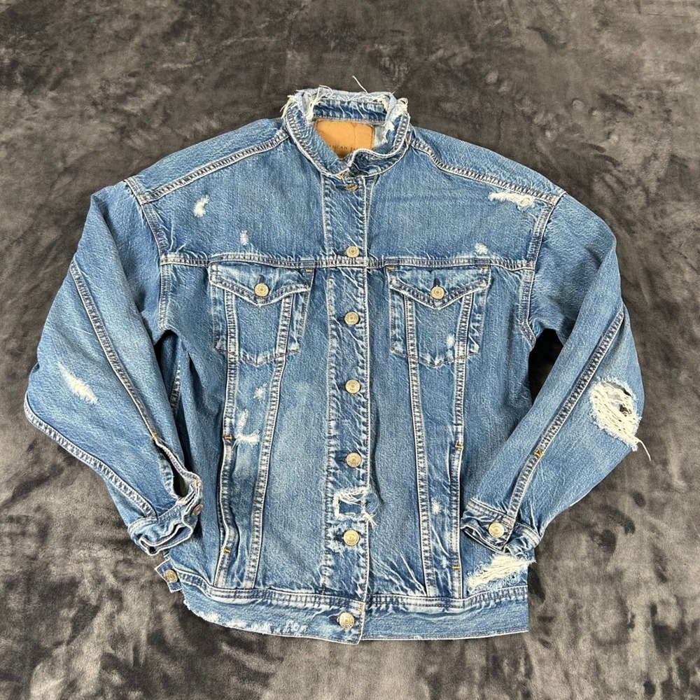 American Eagle Denim Jacket Womens XS Blue Distressed Ripped Trucker Jean Coat